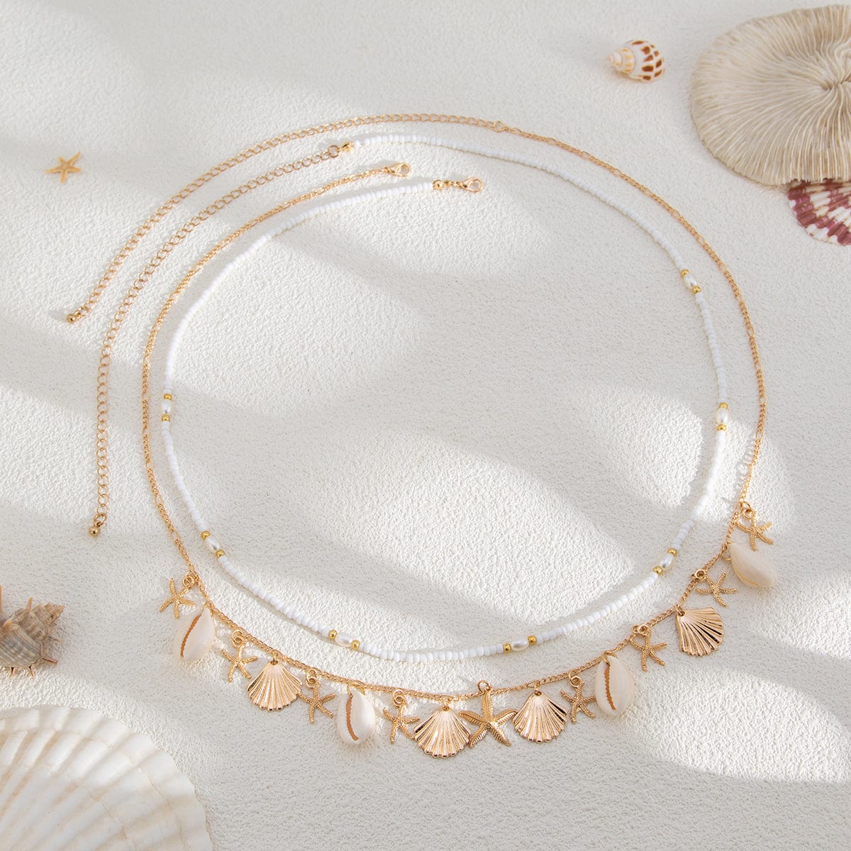 Bohemia Layered Shell Starfish Charm Seed Beaded Belly Chain Set - ArtGalleryZen