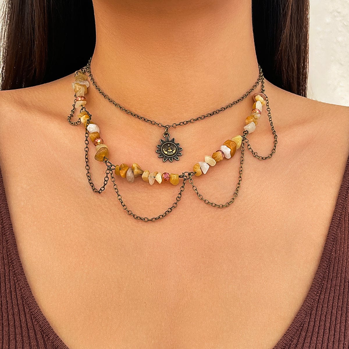 Bohemia Layered Sun Pendant Turquoise Stone Tassel Chain Necklace - ArtGalleryZen