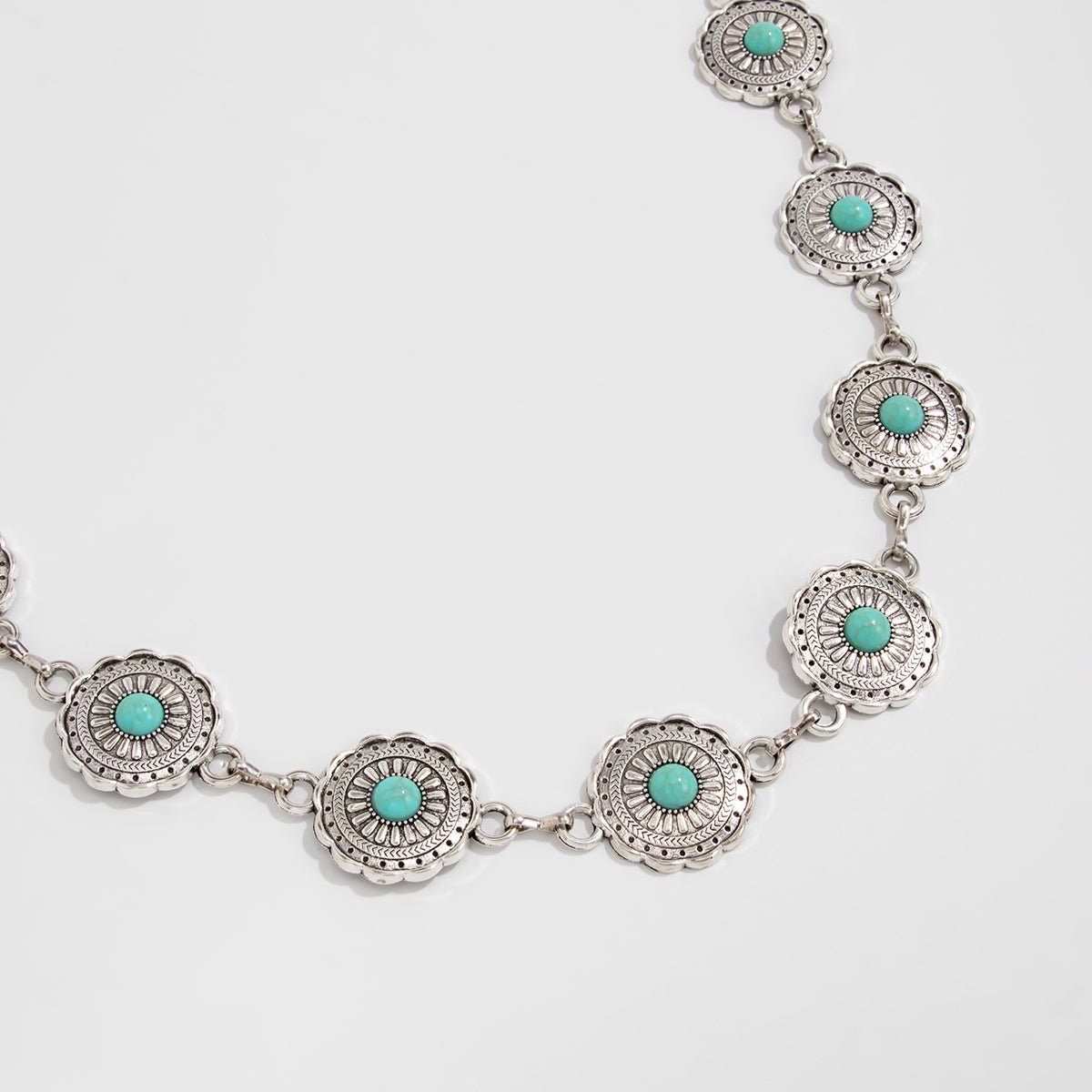 Bohemia Turquoise Inlaid Flower Round Disk Waist Chain - ArtGalleryZen