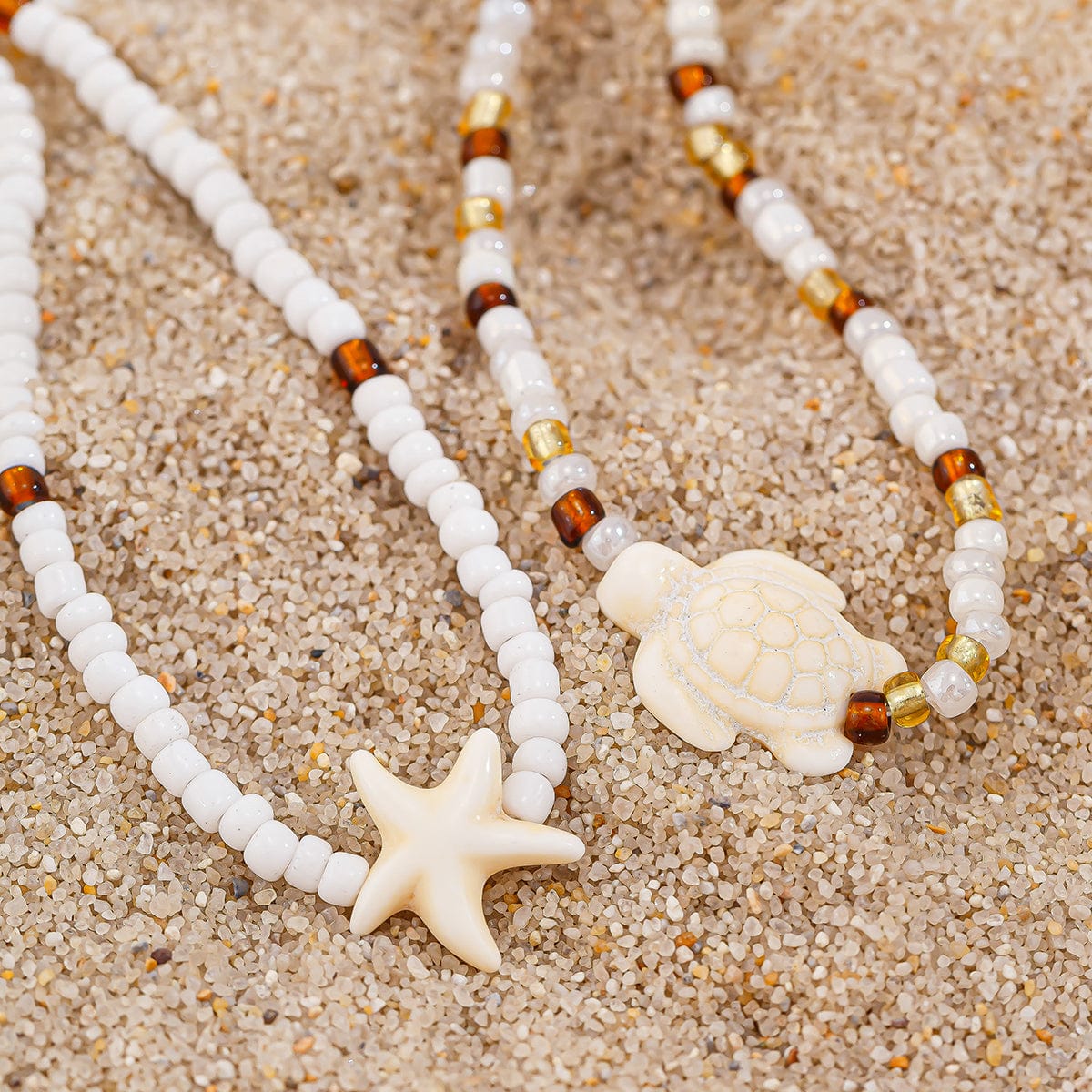 Bohemia Turtle Starfish Charm Seed Beaded Anklet Set - ArtGalleryZen