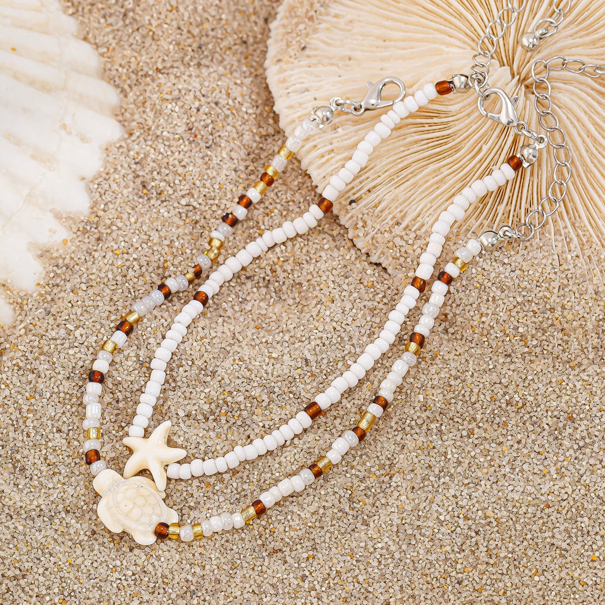 Bohemia Turtle Starfish Charm Seed Beaded Anklet Set - ArtGalleryZen