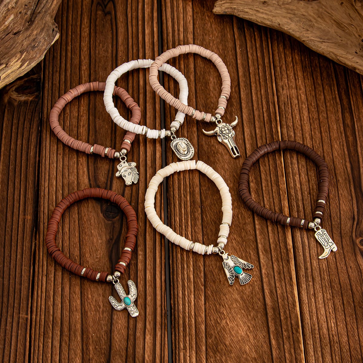Bohemian 6pcs Cactus Cowboy Hat Charm Polymer Clay Beaded Bracelet Set - ArtGalleryZen