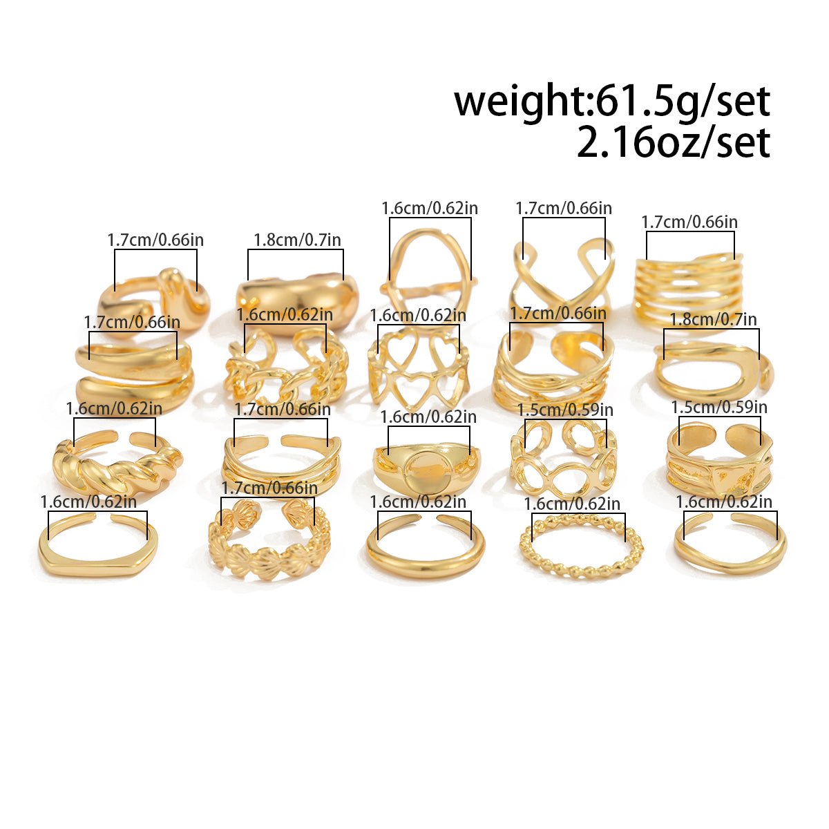 Boho 20pcs Glossy Hollow Heart Wide Ring Set - ArtGalleryZen