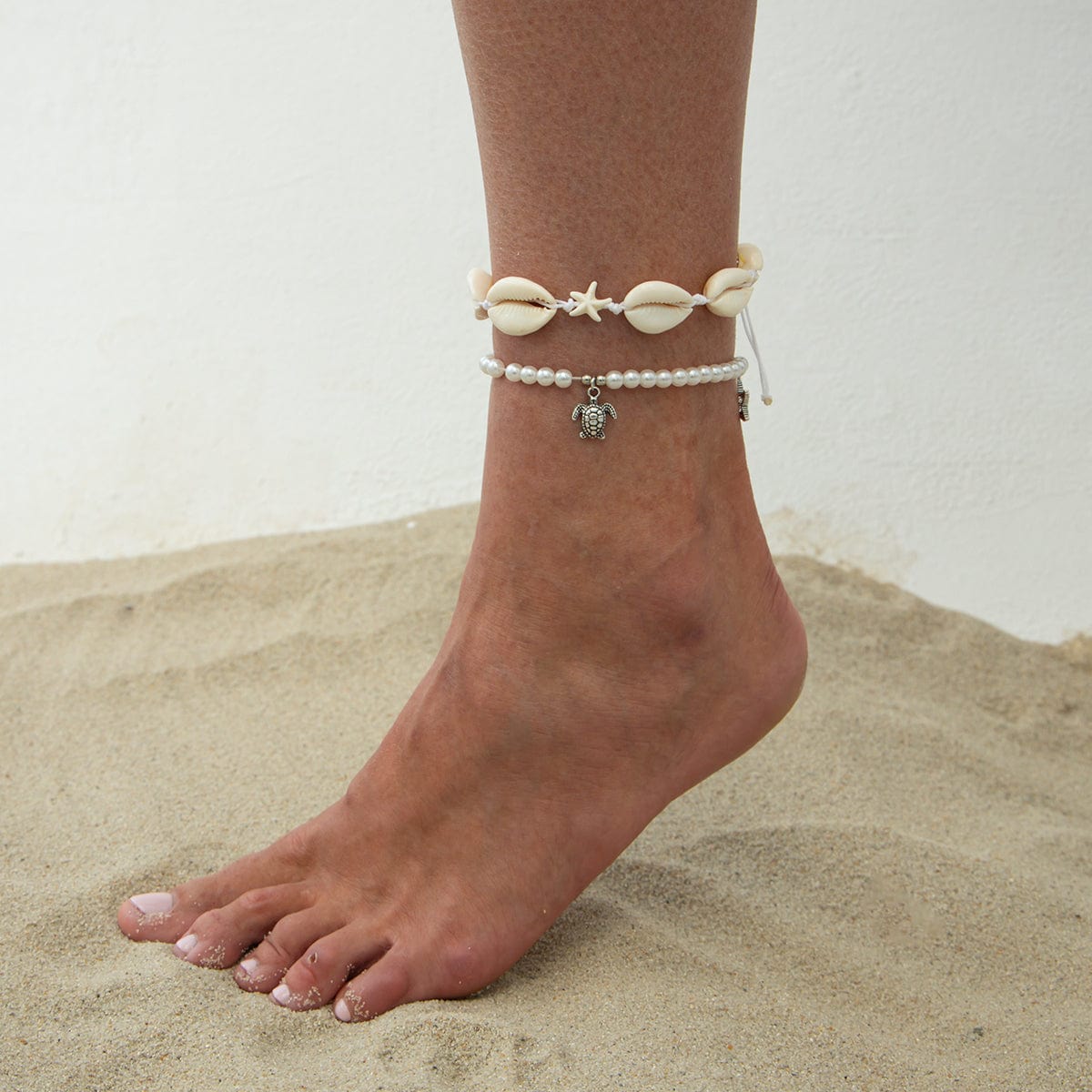Boho 2pcs Conch Shell Starfish Charm Pearl Chain Anklet Set - ArtGalleryZen