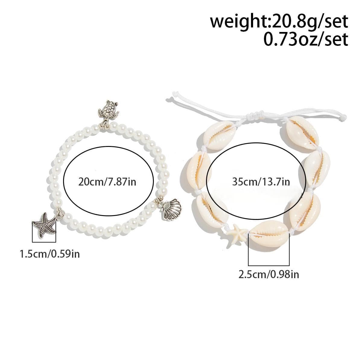 Boho 2pcs Conch Shell Starfish Charm Pearl Chain Anklet Set - ArtGalleryZen