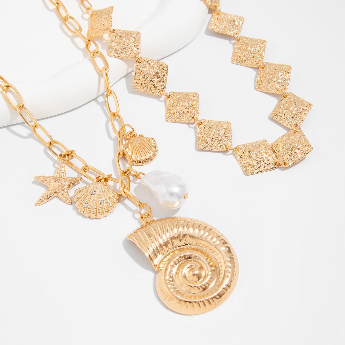 Boho 2pcs Conch Shell Starfish Pearl Charm Square Choker Necklace Set - ArtGalleryZen