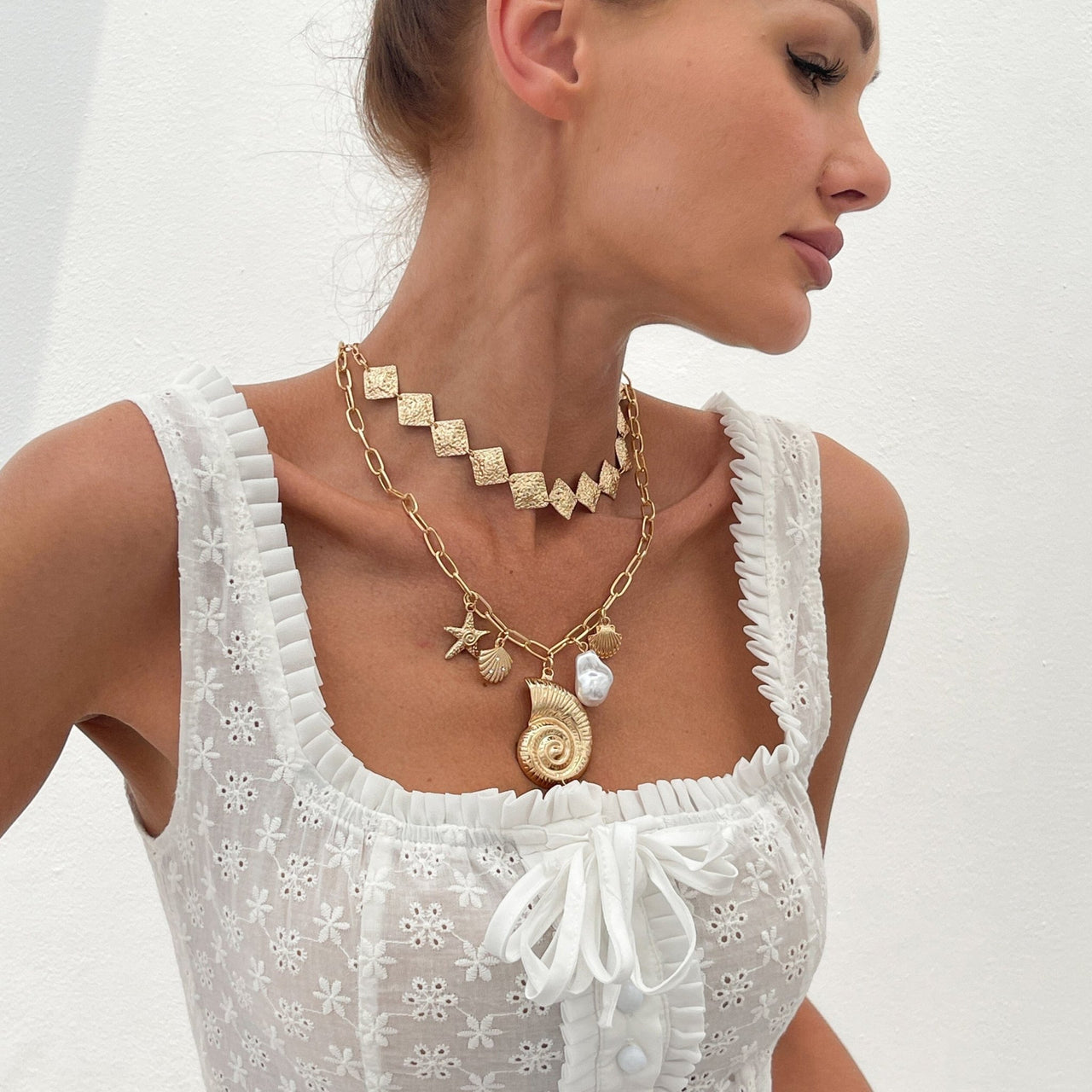 Boho 2pcs Conch Shell Starfish Pearl Charm Square Choker Necklace Set - ArtGalleryZen