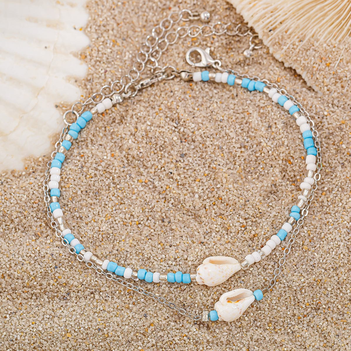 Boho 2Pcs Shell Charm Beaded Curb Chain Anklet Set - ArtGalleryZen