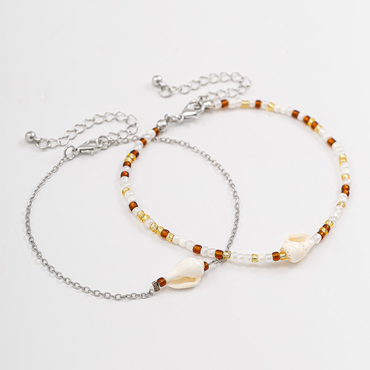 Boho 2Pcs Shell Charm Beaded Curb Chain Anklet Set - ArtGalleryZen