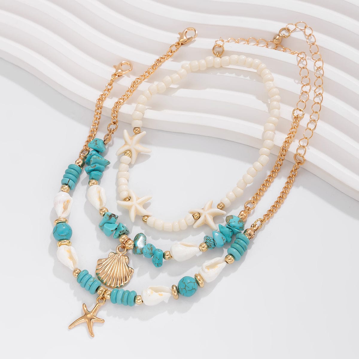 Boho 3Pcs Conch Shell Starfish Charm Turquoise Seed Bead Chain Anklet Set - ArtGalleryZen