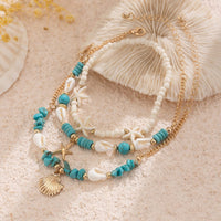 Thumbnail for Boho 3Pcs Conch Shell Starfish Charm Turquoise Seed Bead Chain Anklet Set - ArtGalleryZen