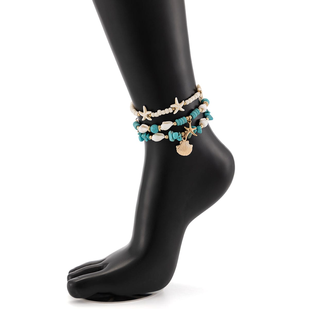 Boho 3Pcs Conch Shell Starfish Charm Turquoise Seed Bead Chain Anklet Set - ArtGalleryZen