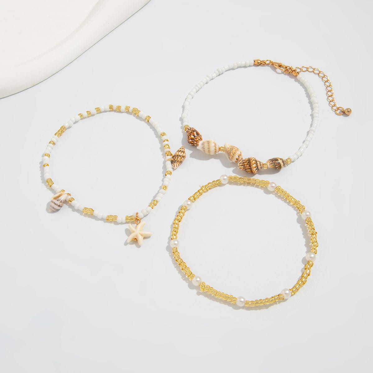 Boho 3pcs Conch Starfish Charm Pearl Seed Bead Chain Anklet Set - ArtGalleryZen