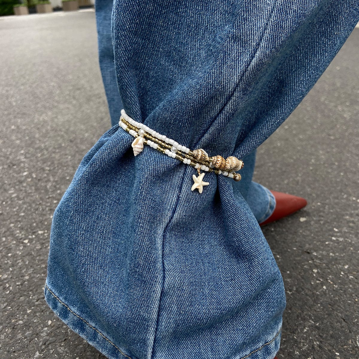 Boho 3pcs Conch Starfish Charm Pearl Seed Bead Chain Anklet Set - ArtGalleryZen