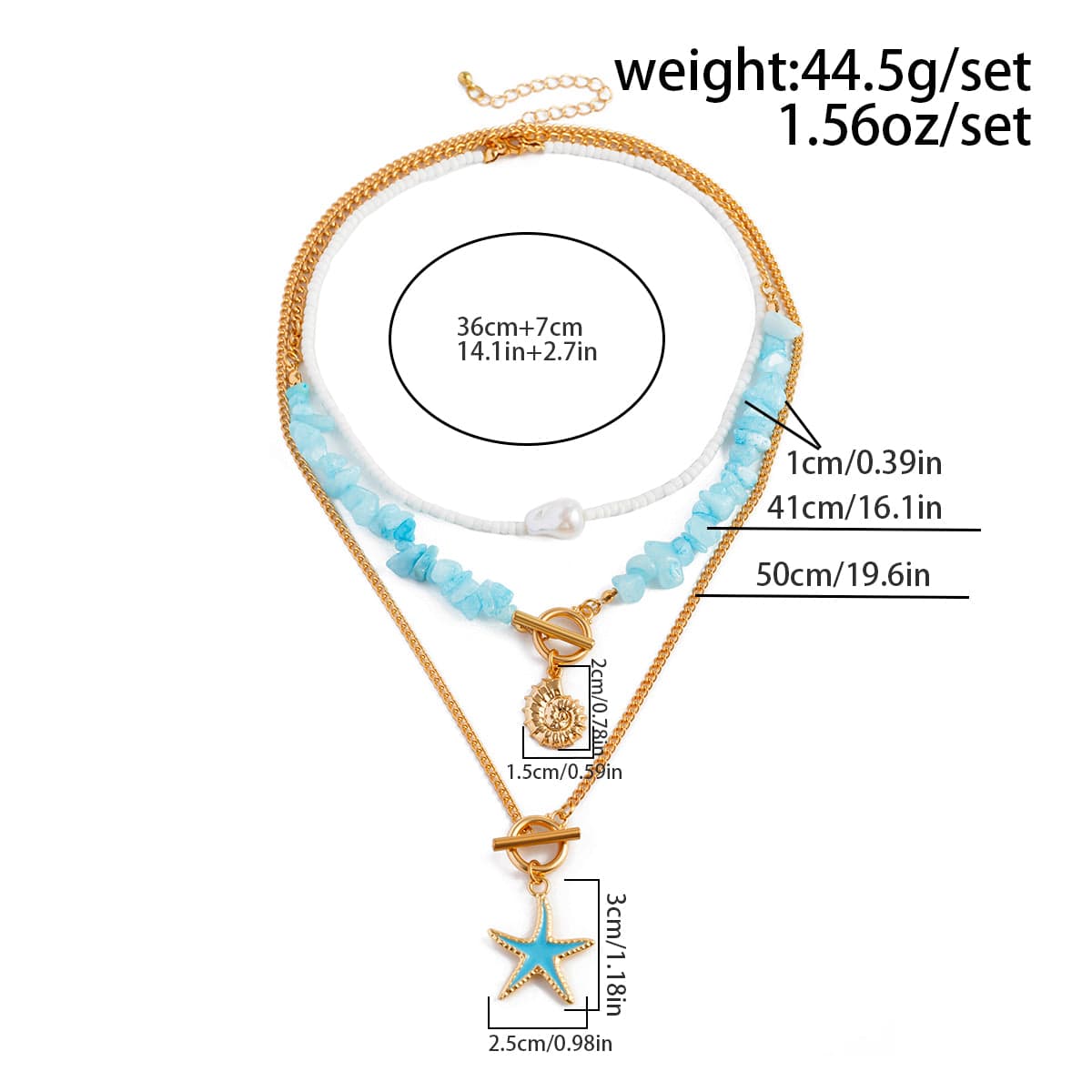 Boho 3Pcs Enamel Starfish Conch Pendant Turquoise Stone Chain Necklace Set - ArtGalleryZen