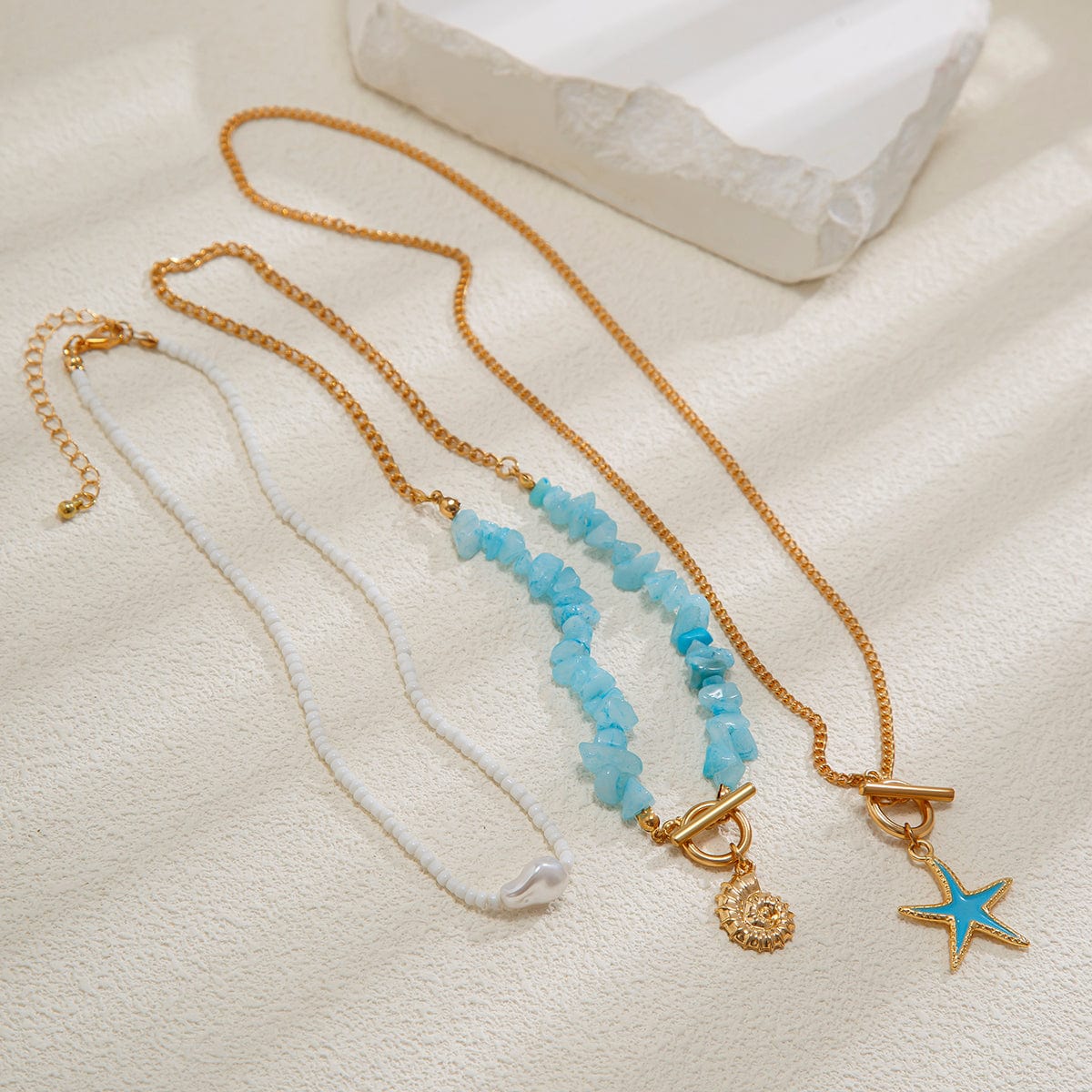 Boho 3Pcs Enamel Starfish Conch Pendant Turquoise Stone Chain Necklace Set - ArtGalleryZen