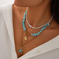 Thumbnail for Boho 3Pcs Enamel Starfish Conch Pendant Turquoise Stone Chain Necklace Set - ArtGalleryZen