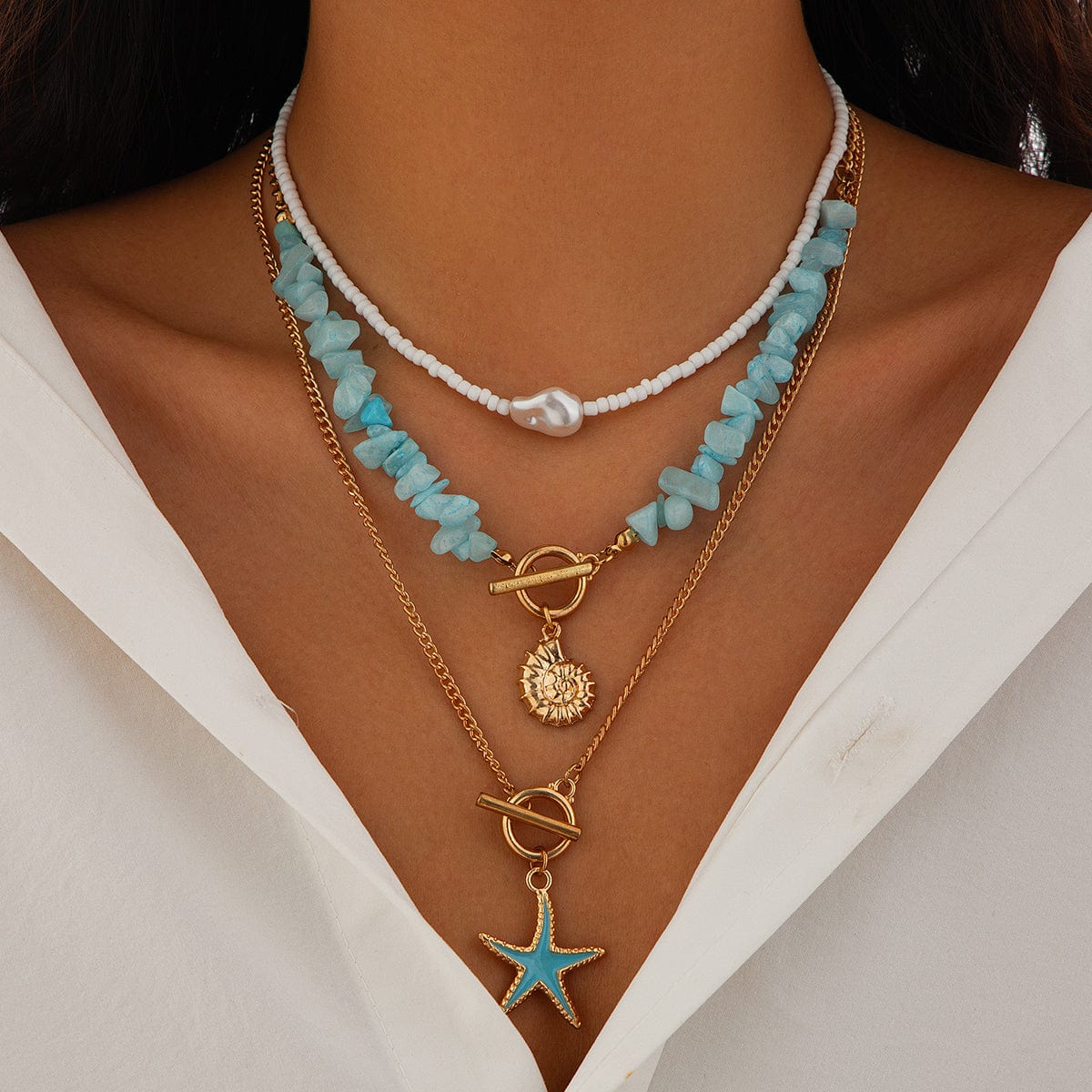 Boho 3Pcs Enamel Starfish Conch Pendant Turquoise Stone Chain Necklace Set - ArtGalleryZen