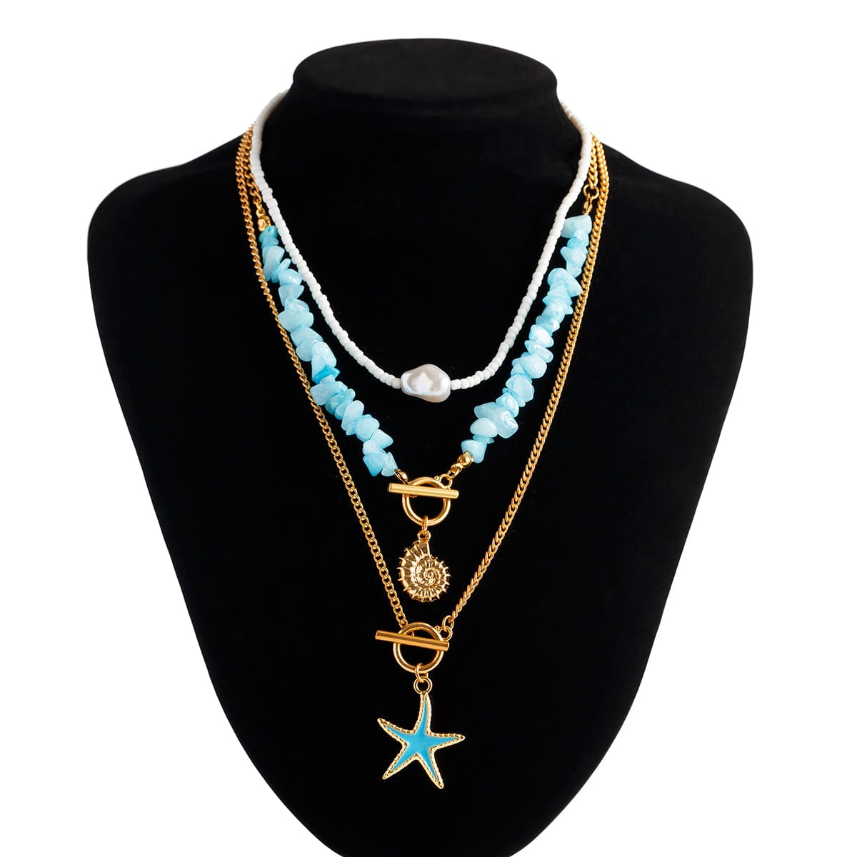 Boho 3Pcs Enamel Starfish Conch Pendant Turquoise Stone Chain Necklace Set - ArtGalleryZen