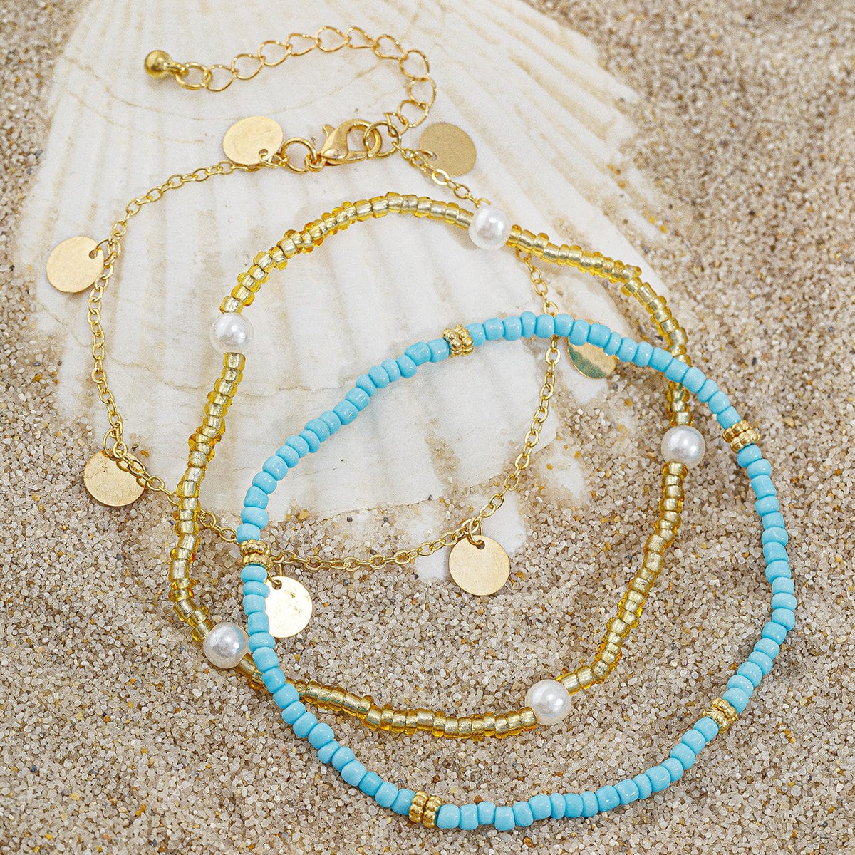 Boho 3Pcs Pearl Seed Beaded Sequin Tassel Anklet Set - ArtGalleryZen
