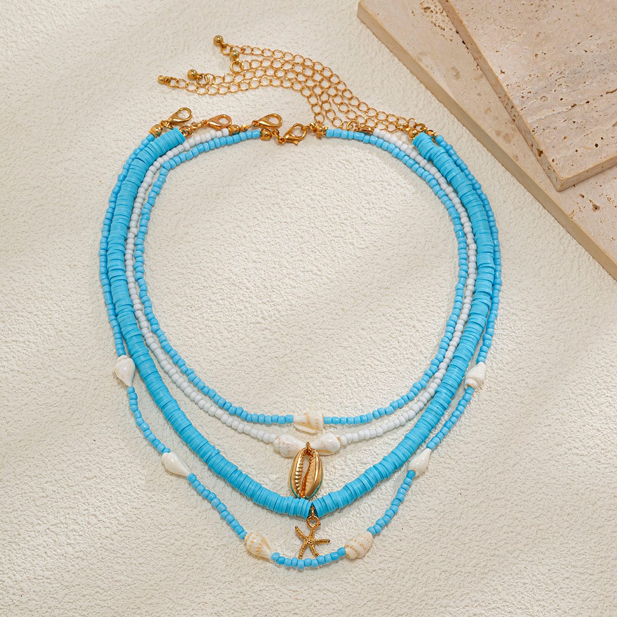 Boho 4Pcs Conch Starfish Pendant Polymer Clay Seed Bead Necklace Set - ArtGalleryZen