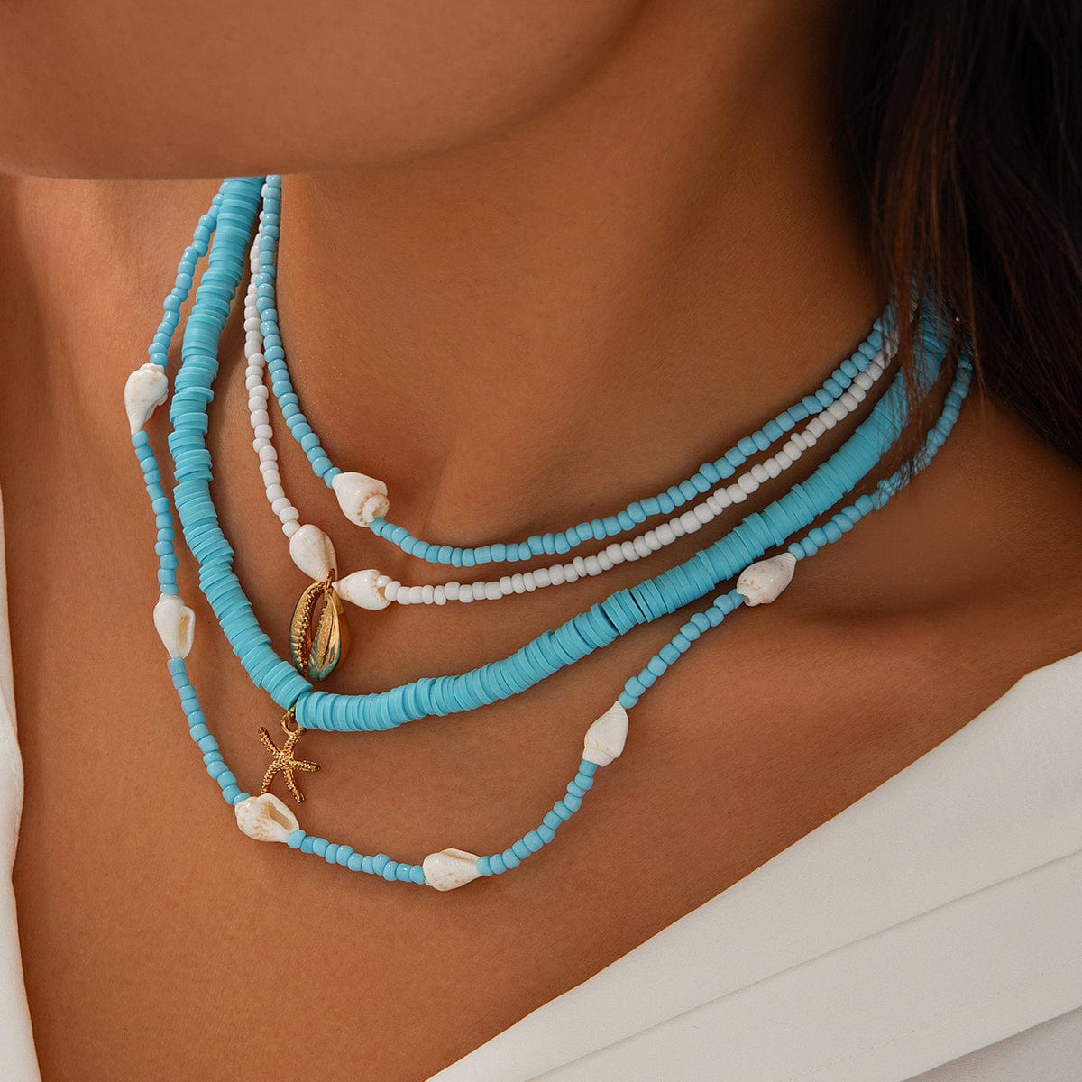 Boho 4Pcs Conch Starfish Pendant Polymer Clay Seed Bead Necklace Set - ArtGalleryZen