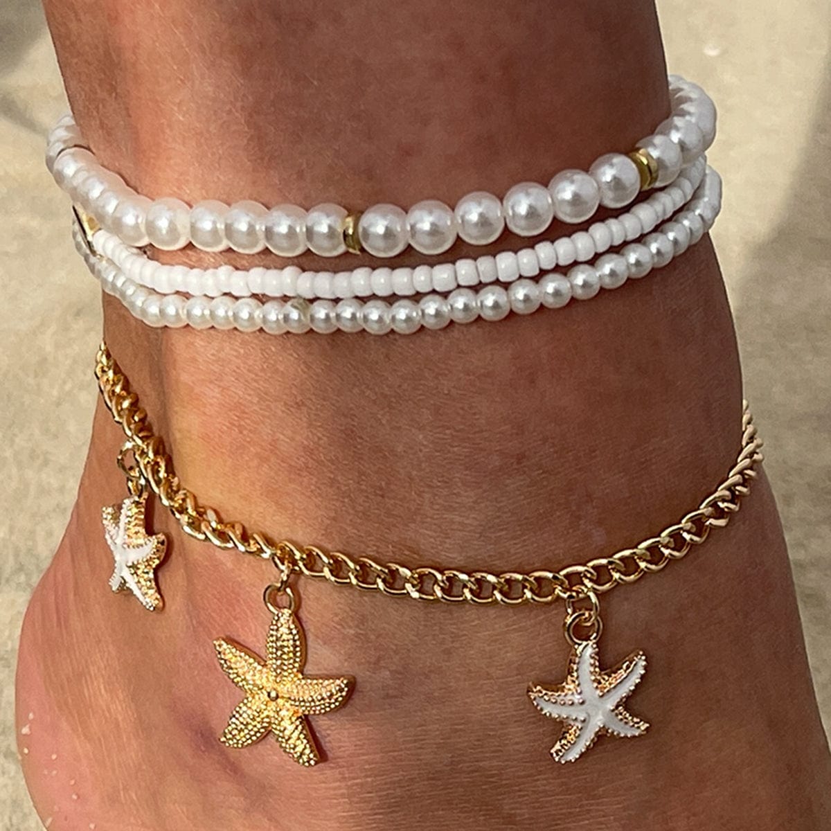 Boho 4Pcs Enamel Starfish Charm Pearl Seed Bead Anklet Set - ArtGalleryZen