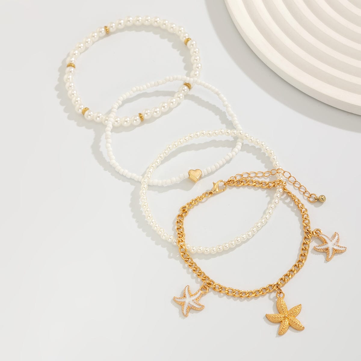 Boho 4Pcs Enamel Starfish Charm Pearl Seed Bead Anklet Set - ArtGalleryZen