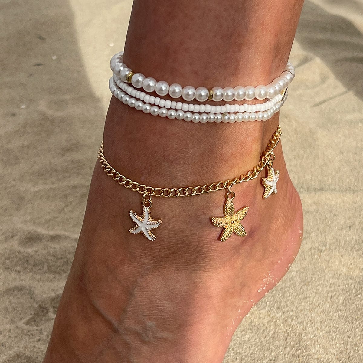 Boho 4Pcs Enamel Starfish Charm Pearl Seed Bead Anklet Set - ArtGalleryZen