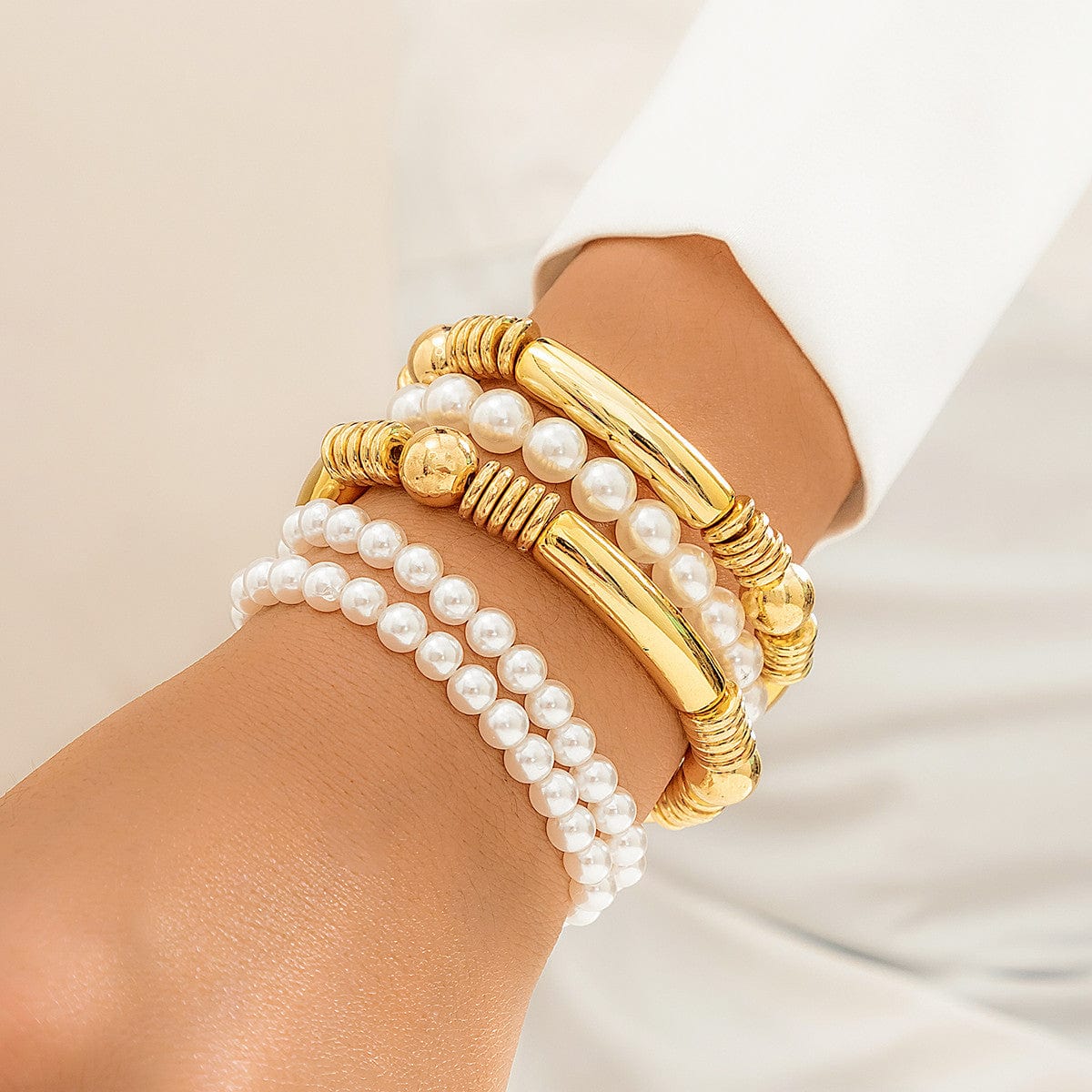Boho 5 Pcs Gold Silver Plated Pearl Chain Stackable Bracelet Set - ArtGalleryZen