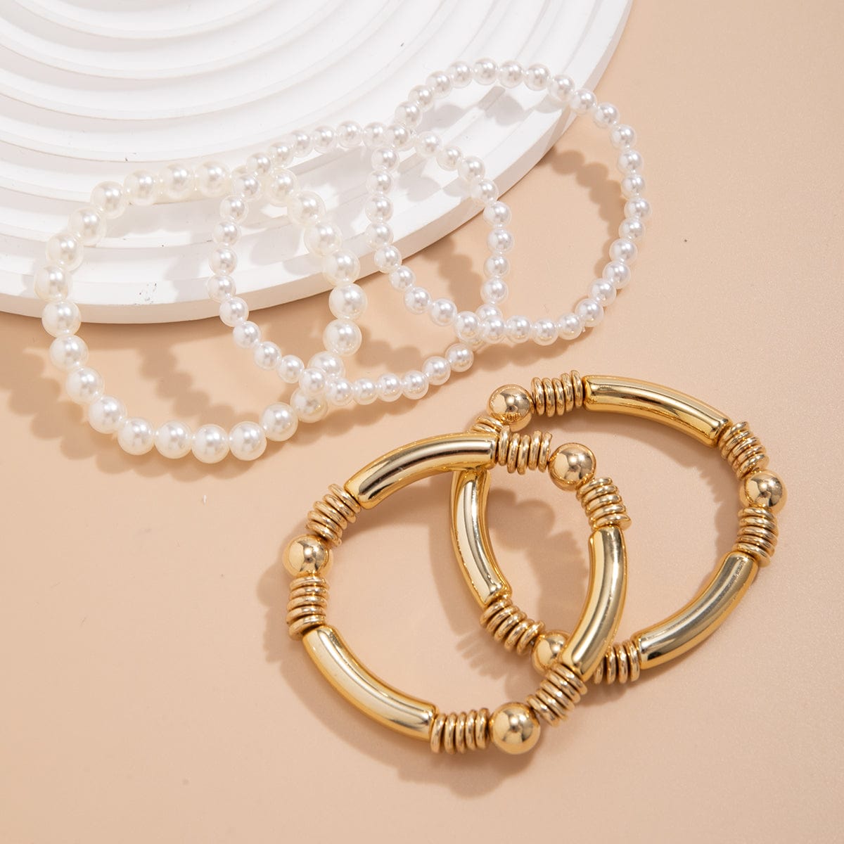 5 Boho Gold Pcs Plated Silver Chain – Stackable Bracelet Pearl Set ArtGalleryZen