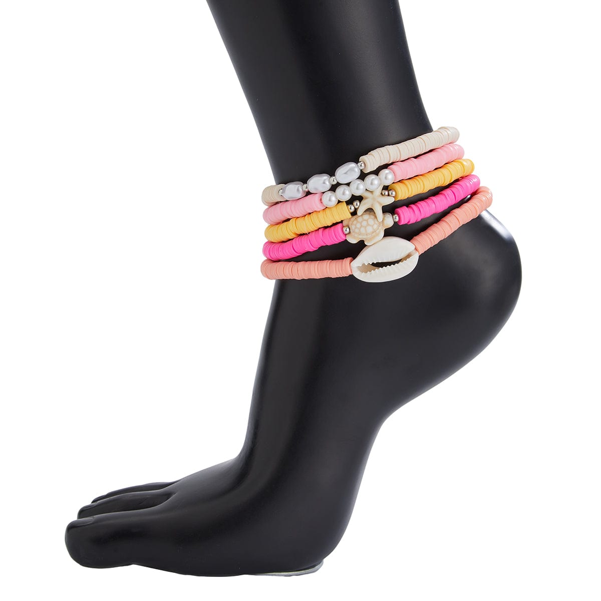 Boho 5pcs Conch Starfish Turtle Charm Pearl Polymer Clay Beaded Anklet Set - ArtGalleryZen