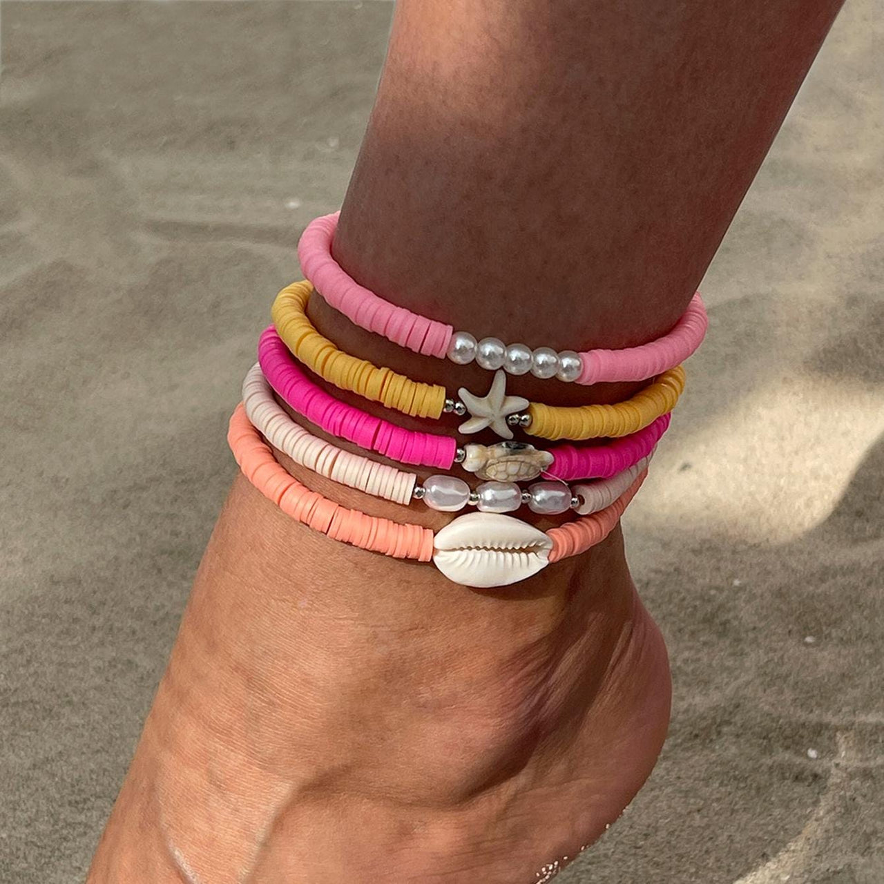 Boho 5pcs Conch Starfish Turtle Charm Pearl Polymer Clay Beaded Anklet Set - ArtGalleryZen