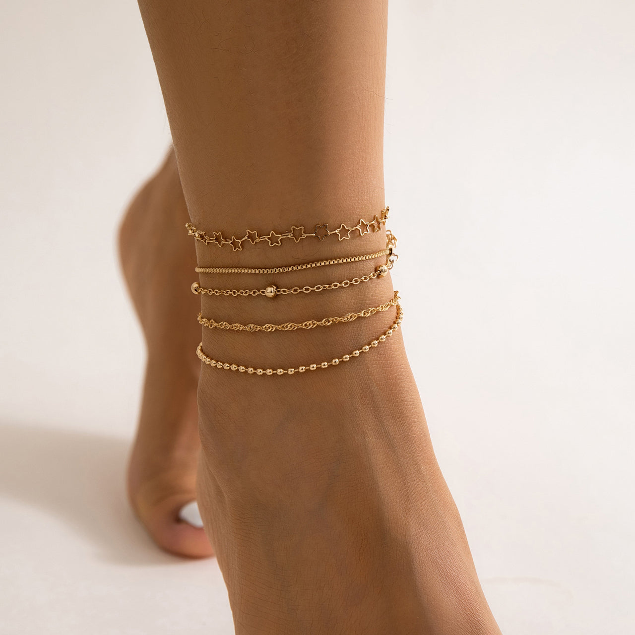 Boho 5pcs Gold Silver Plated Hollow Star Ball Chain Anklet Set - ArtGalleryZen