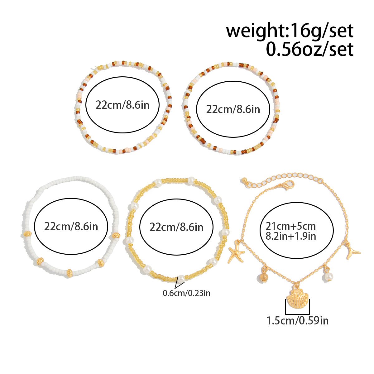 Boho 5pcs Shell Starfish Charm Pearl Seed Beaded Anklet Set - ArtGalleryZen