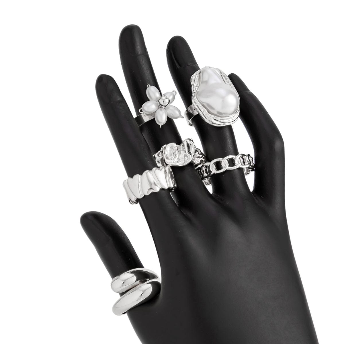 Boho 6pcs Pearl Flower Heart Pleated Ring Set - ArtGalleryZen