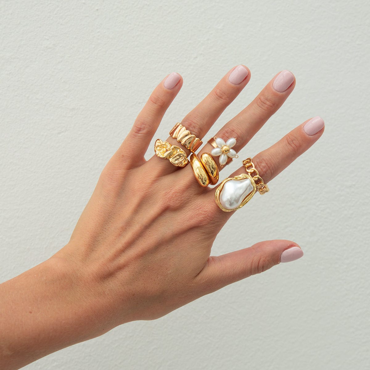 Boho 6pcs Pearl Flower Heart Pleated Ring Set - ArtGalleryZen