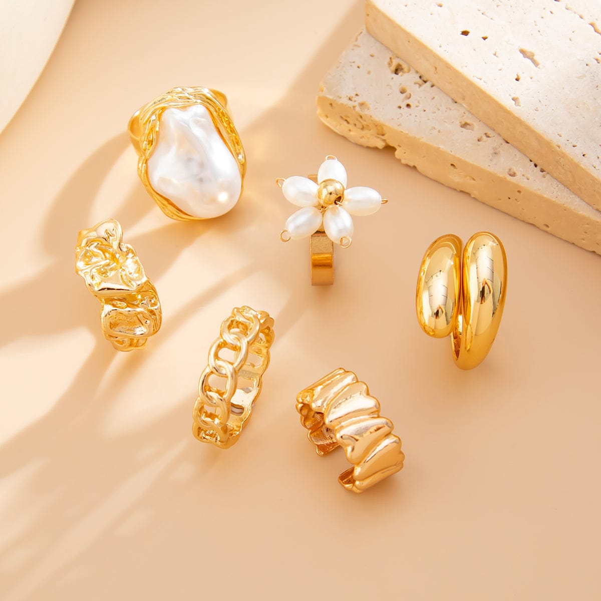 Boho 6pcs Pearl Flower Heart Pleated Ring Set - ArtGalleryZen