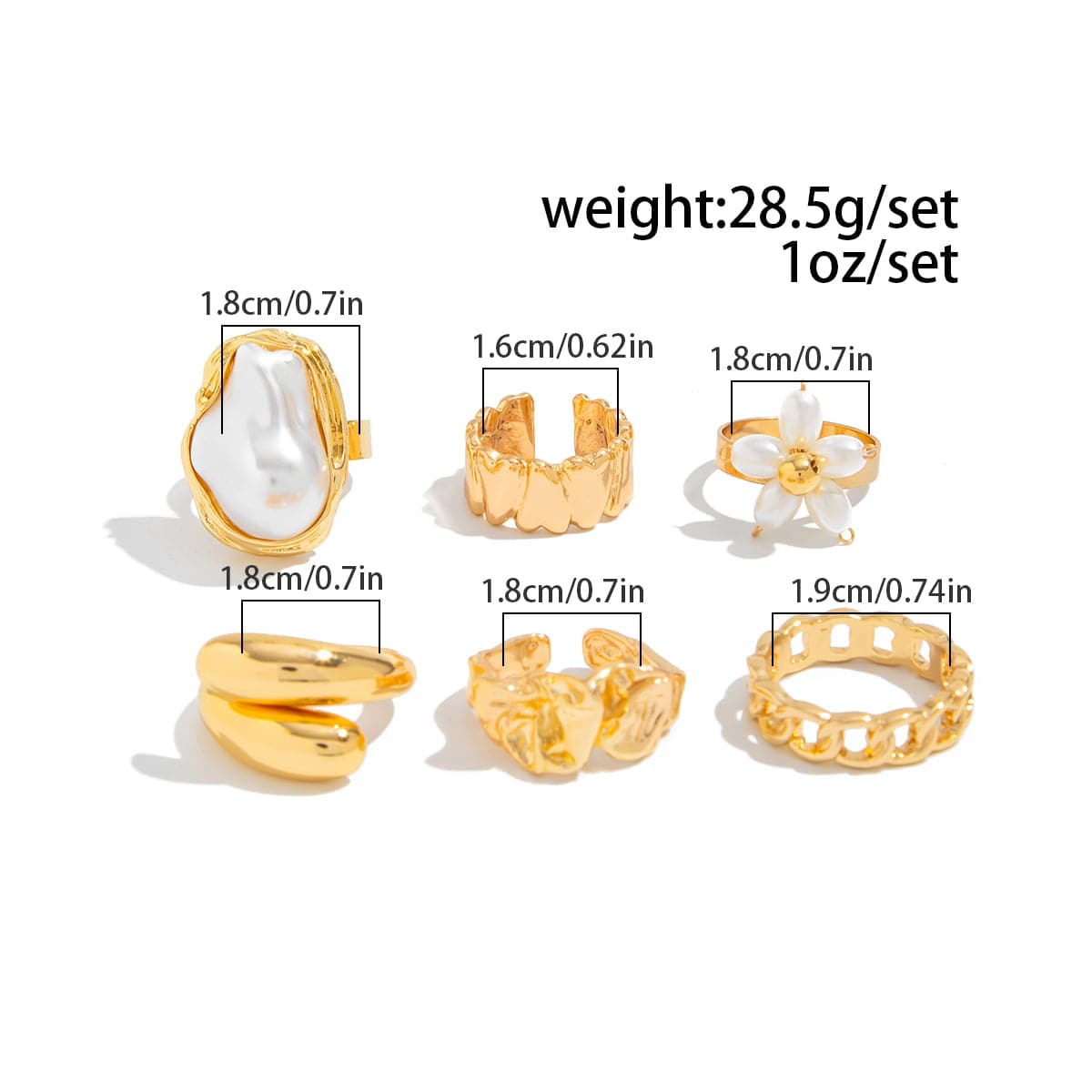 Boho 6pcs Pearl Flower Heart Pleated Ring Set - ArtGalleryZen