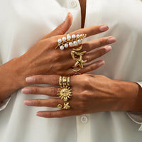 Thumbnail for Boho 7pcs Chunky Pearl Sun Starfish Hollow Ring Set - ArtGalleryZen