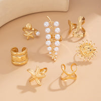 Thumbnail for Boho 7pcs Chunky Pearl Sun Starfish Hollow Ring Set - ArtGalleryZen