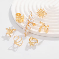 Thumbnail for Boho 7pcs Chunky Pearl Sun Starfish Hollow Ring Set - ArtGalleryZen