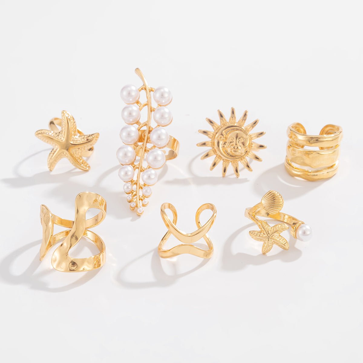 Boho 7pcs Chunky Pearl Sun Starfish Hollow Ring Set - ArtGalleryZen