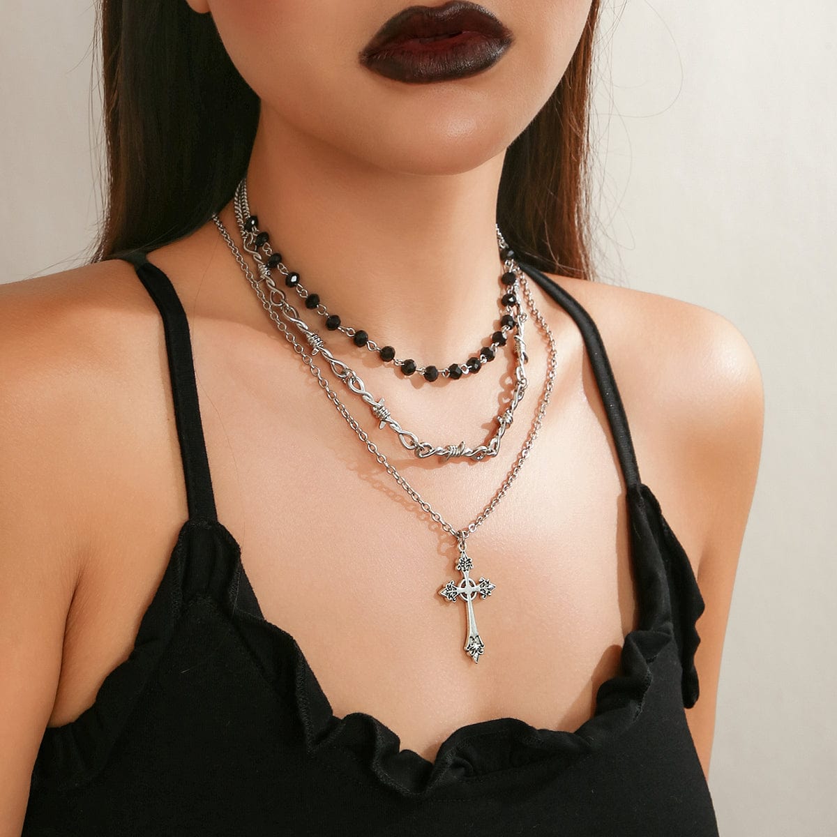 Boho Antique Cross Pendant Crystal Barbed Chain Necklace Set - ArtGalleryZen