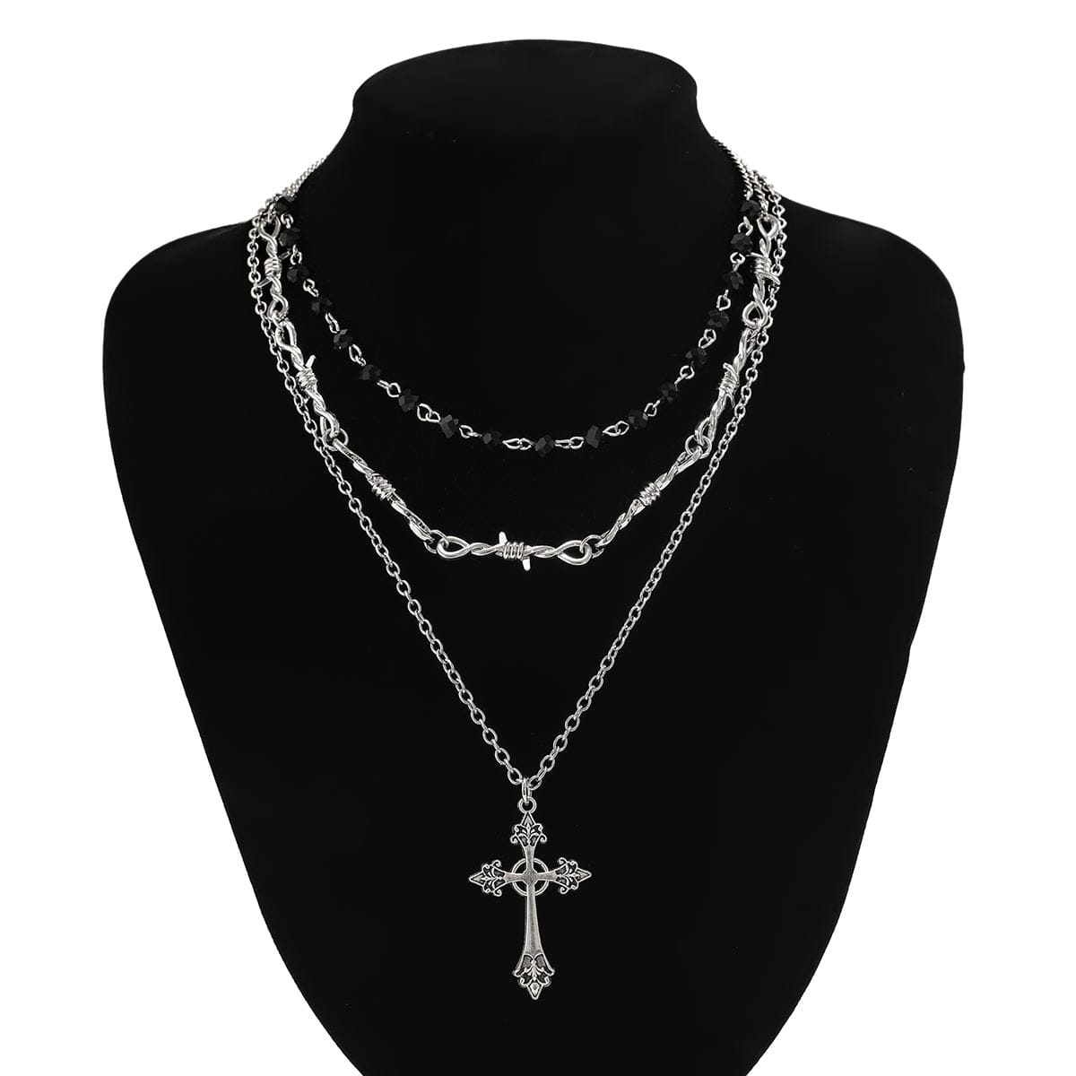 Boho Antique Cross Pendant Crystal Barbed Chain Necklace Set - ArtGalleryZen