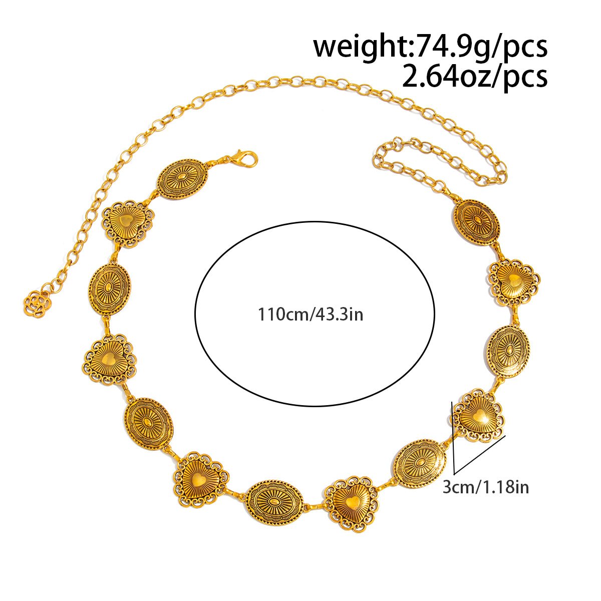 Boho Antique Gold Tone Pattern Heart Oval Disk Waist Chain - ArtGalleryZen