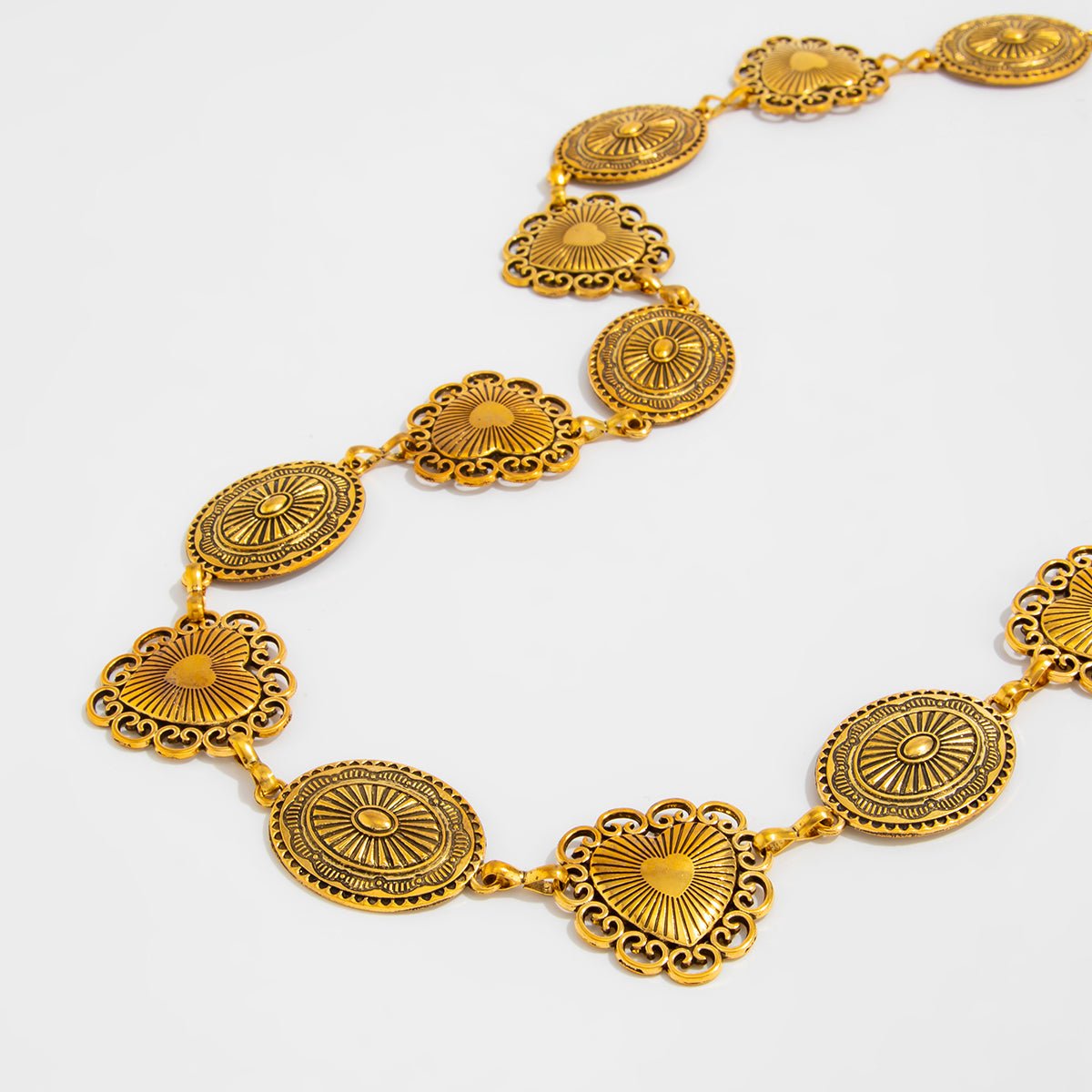 Boho Antique Gold Tone Pattern Heart Oval Disk Waist Chain - ArtGalleryZen
