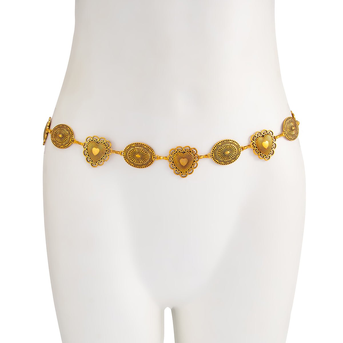 Boho Antique Gold Tone Pattern Heart Oval Disk Waist Chain - ArtGalleryZen