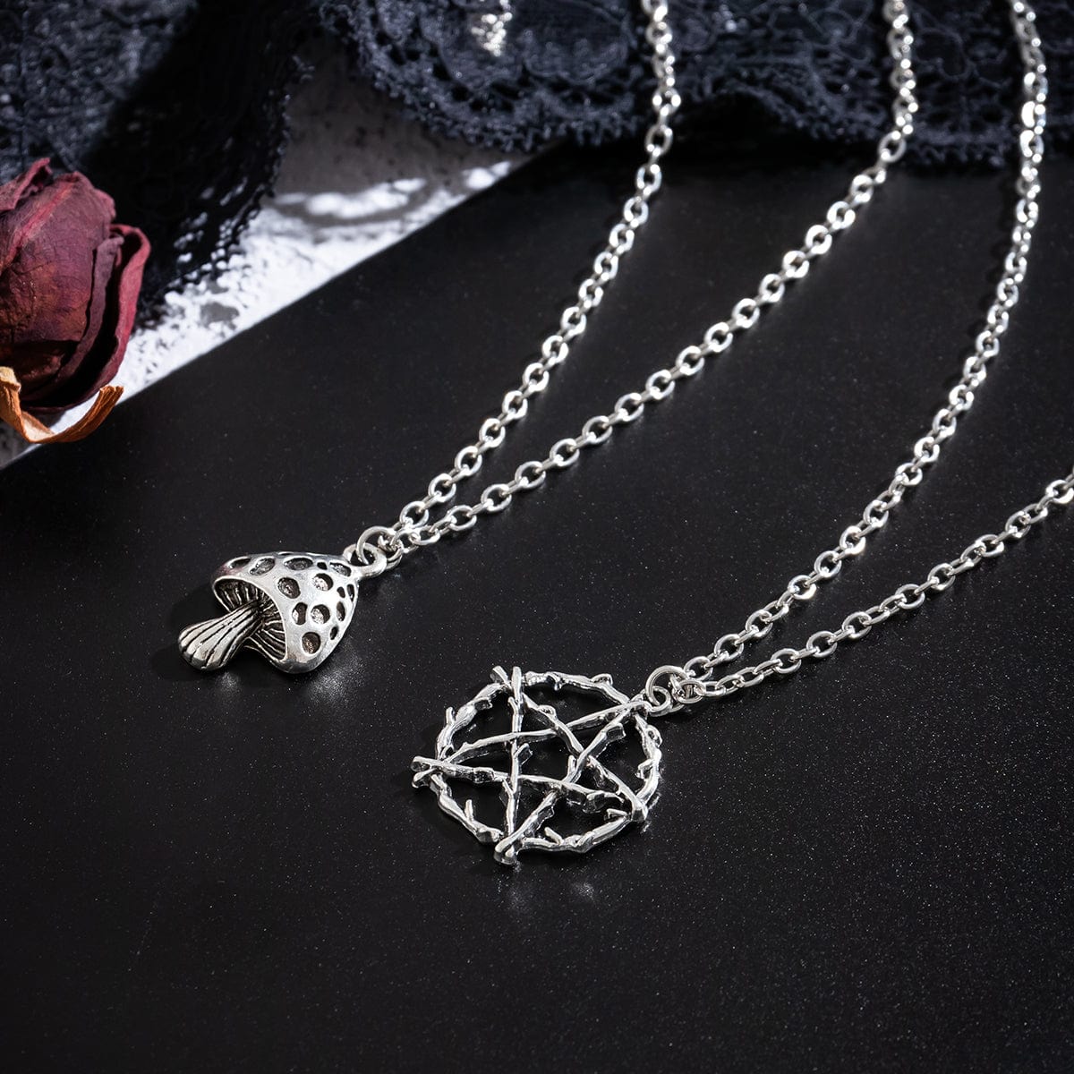Boho Antique Mushroom Pentagram Pendant Chain Necklace Set - ArtGalleryZen