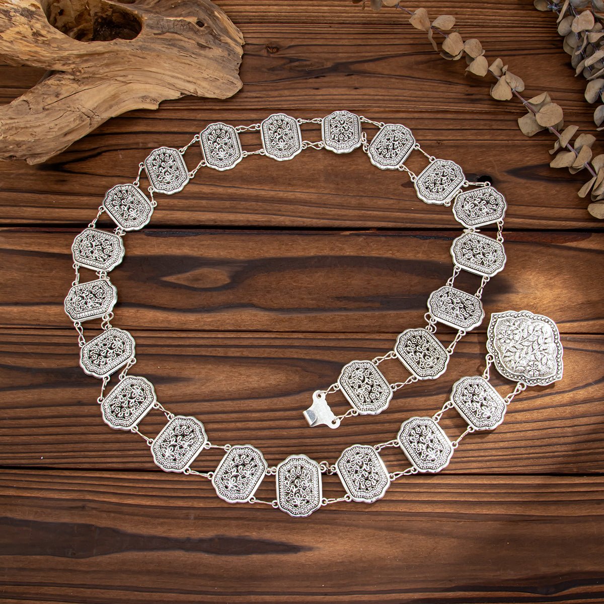 Boho Antique Silver Carved Floral Pattern Waist Chain - ArtGalleryZen